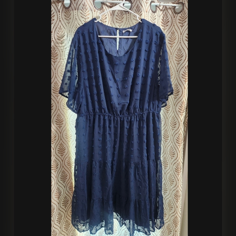 Roland Navy Textured Dot Midi Dress